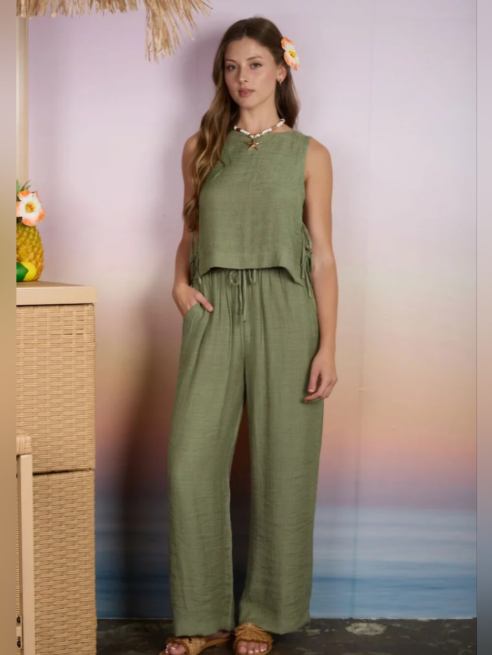 Women's Blu Pepper Top & Pants Olive Linen Textured Set  - SMALL nwot